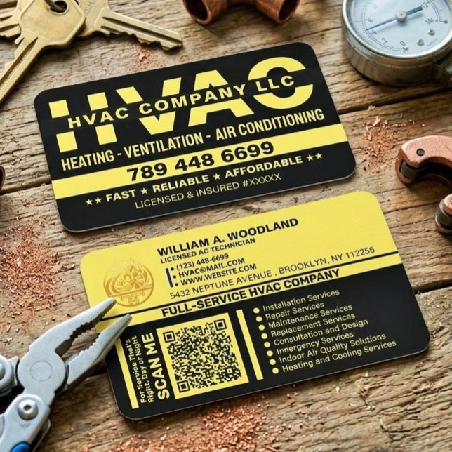 Heizung & Klimaanlage | Bestes Luxus-HVAC-System Visitenkarte (black and gold contractor cards, custom heating and cooling cards, HVAC business cards with QR)