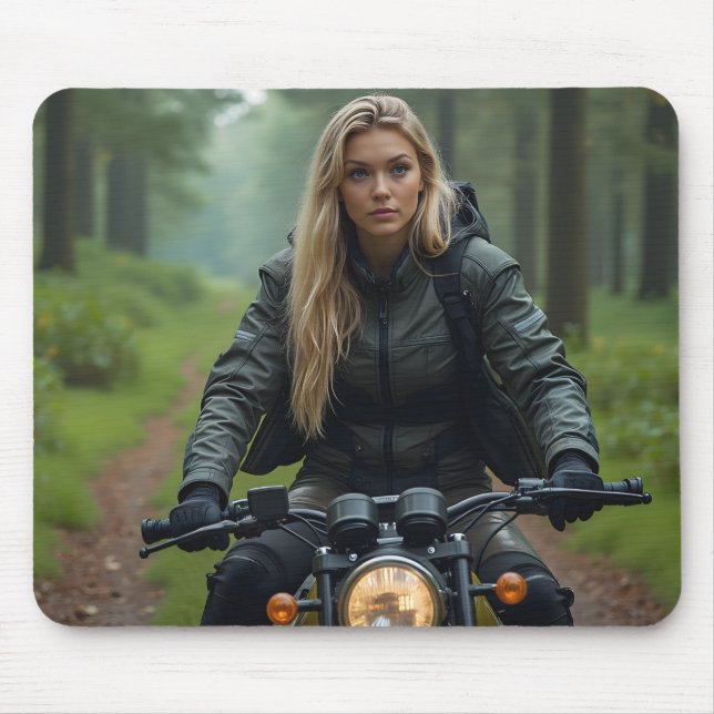 Helena Chevalier Reiten Motorrad durch Wald Mousepad (Vorne)