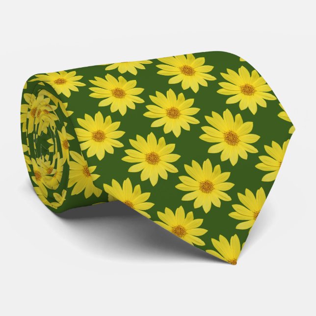 Helianthus 'Lemon Queen' Pattern - Forest Green Krawatte (Gerollt)