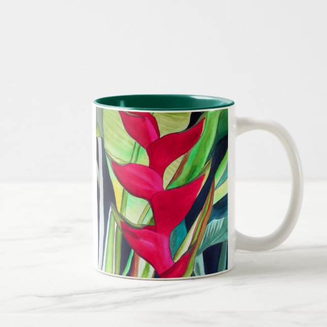 Heliconia Lobster Tropical Water Color Blume Zweifarbige Tasse (Rechts)