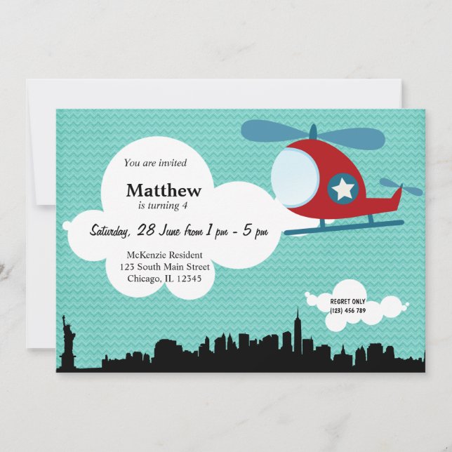 Helikopter Geburtstag Thema (Blau) Einladung (Vorderseite)