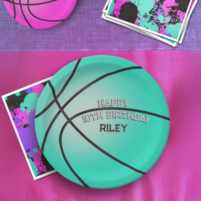 Hell Aquamarin Blue Basketball Happy Geburtsname Pappteller (Von Creator hochgeladen)