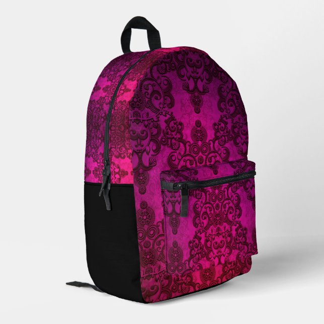 Hell Deep Pink Damask Bohemain Style Bedruckter Rucksack (Rückseitige Ecke links)