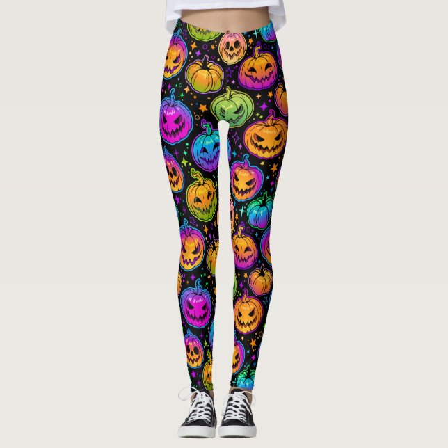 Hell, farbig Halloween Pumpkin Pattern Le Leggings (Vorderseite)