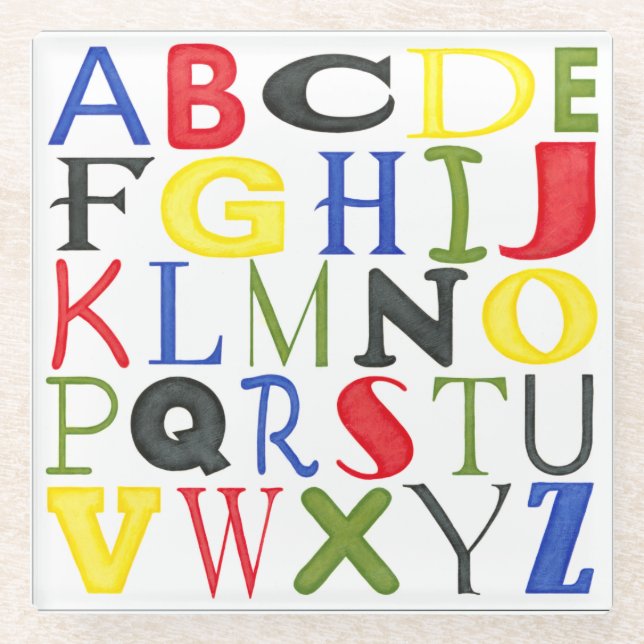 Hell farbige Buchstaben durch Megan Meagher Glasuntersetzer (Vorderseite)