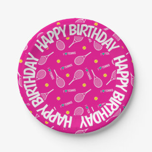 Hell pink I Liebe Tennis, glücklich Geburtstag Pappteller