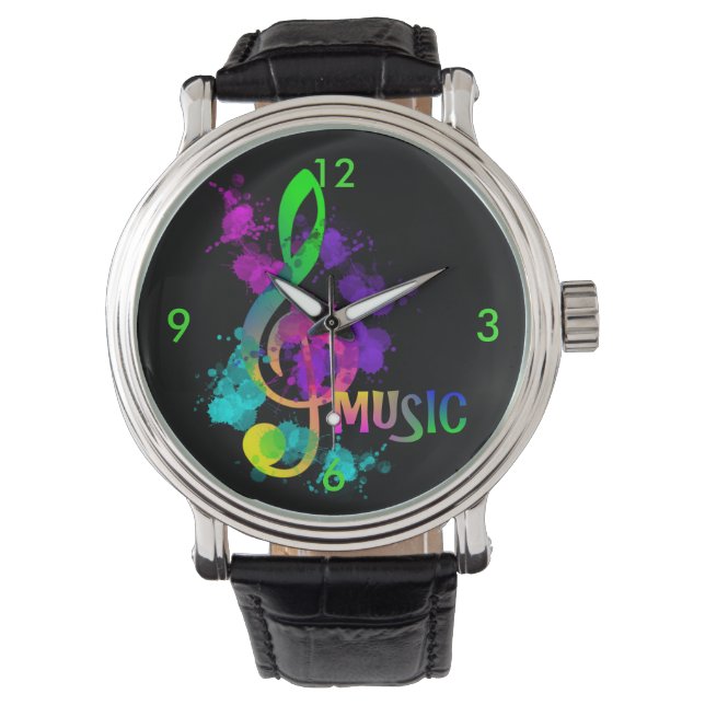 Hell Rainbow Treble Clef Music Paint Spritzer Armbanduhr (Vorderseite)