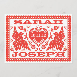 Hell Red Papel Picado Style Love Birds Einladung