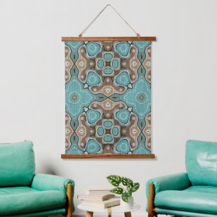 Hell Teal Meeresschaum Grün Taupe Braun Stammeskun Wandteppich Mit Holzrahmen