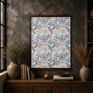 Hell Terrakotta Grau Botanisches Boho-Muster Wandteppich Mit Holzrahmen