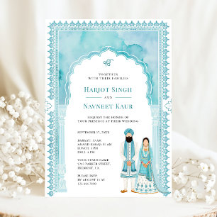 Hell Türkis Wasserfarbe Bogenrahmen Sikh-Hochzeit Einladung