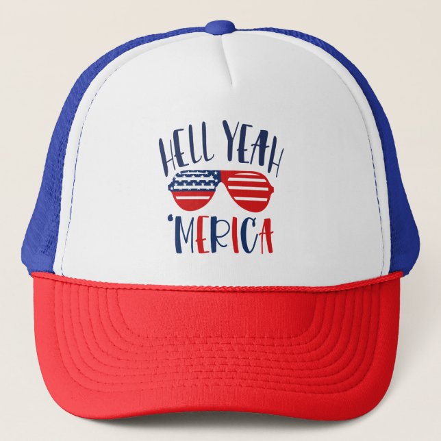 Hell Yeah America Funny Red White Blue Patriotic Truckerkappe (Vorderseite)