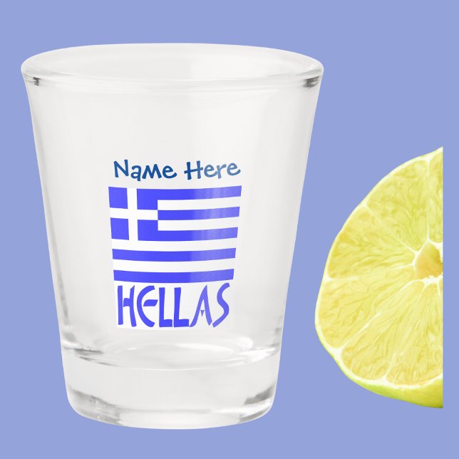 Hellas Griechisch Flag Blue Personalisierung Schnapsglas (Shot glass with the Greek flag and the word HELLAS below in blue. Add à name above.)