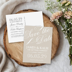 Hellbeige Vintage-Schriftzug "Save the Date" Ankündigungspostkarte