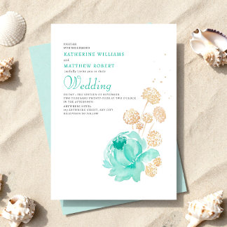 Hellblau-beige Sommerstrandhochzeit Einladung