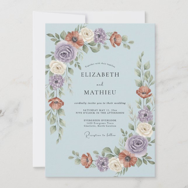 Hellblau exquisite botanische Hochzeit Einladung (Vorderseite)