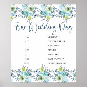 Hellblau Gelb Grün Florales Hochzeitsprogramm Poster