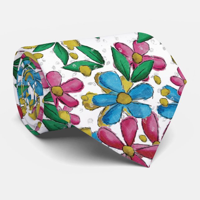 Hellblau gelb heiß rosa Sommerblumenmuster Krawatte (Gerollt)