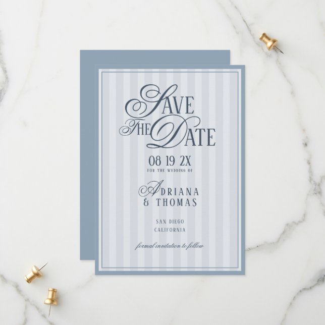 Hellblau gestreifte alte Geld Kalligrafie Hochzeit Save The Date (Vorderseite/Rückseite Beispiel)
