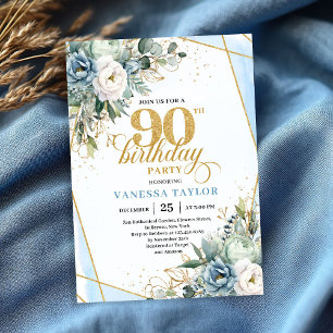 Hellblau goldene Akzente Blumen Chic 90. Geburtsta Einladung