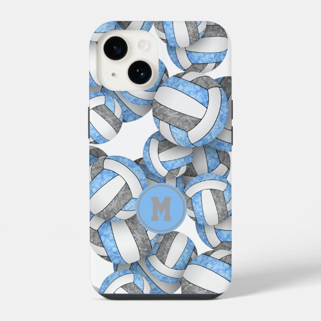 Hellblau-graue monogrammierte Mädchen-Volleyball iPhone Hülle (Rückseite)