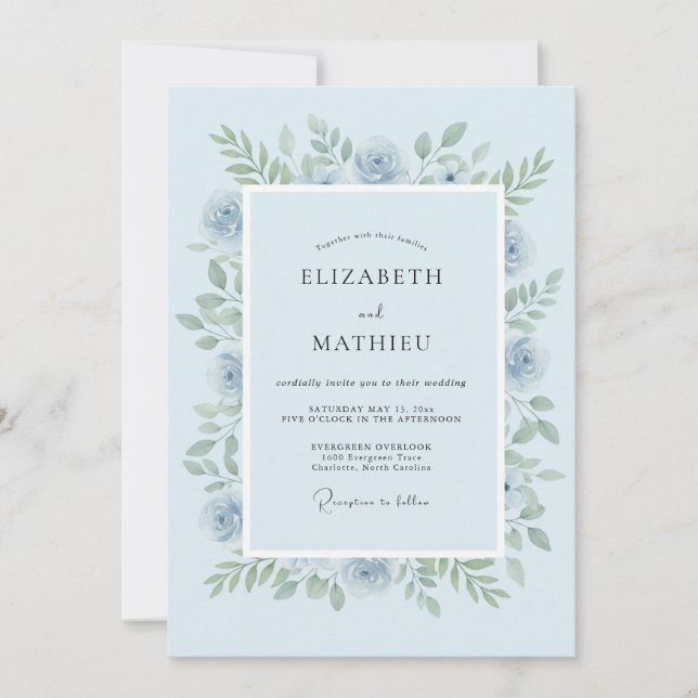 Hellblau-grüne Floral-Hochzeit Einladung (Vorderseite)