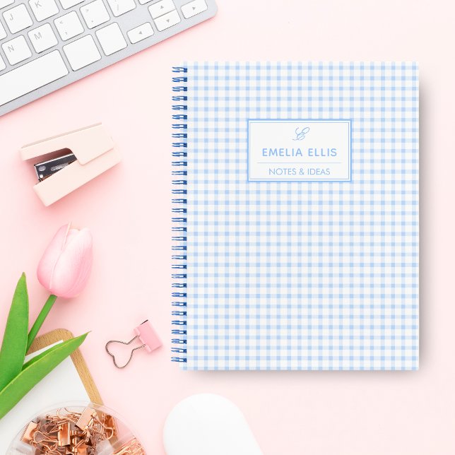 Hellblau kariert Grandmillennial Monogramm Name Notizbuch (Von Creator hochgeladen)