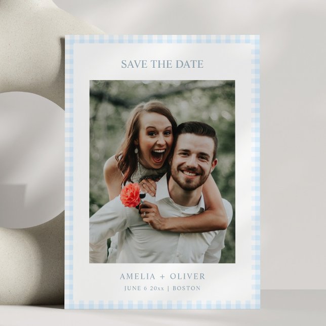 Hellblau kariert, süße Sommerhochzeit Save The Date (Von Creator hochgeladen)