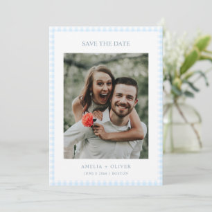 Hellblau kariert, süße Sommerhochzeit Save The Date