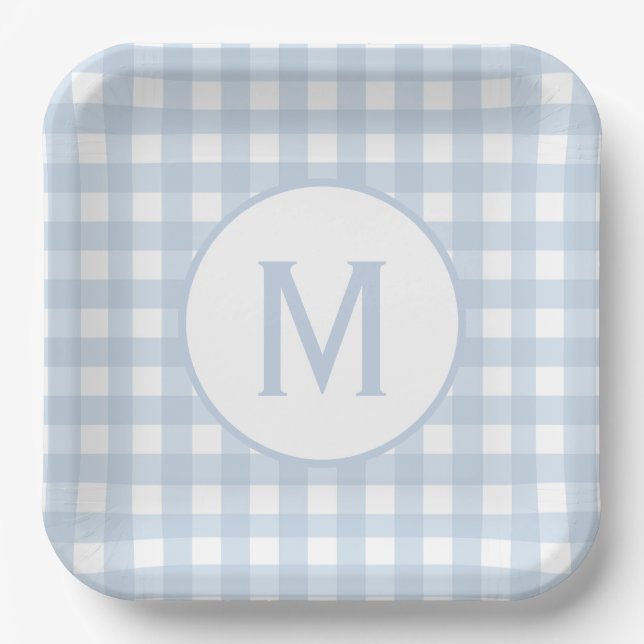 Hellblau kariertes Gingham-Muster mit Monogramm Pappteller (Vorderseite)