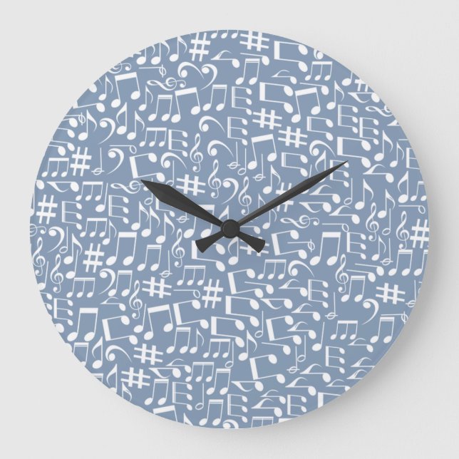 Hellblau mit tanzenden Noten Große Wanduhr (Vorderseite)
