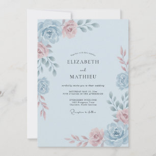 Hellblau Romantische Aquarell-Hochzeit Einladung