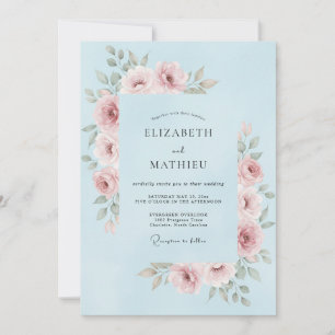 Hellblau-rosa Blumige Hochzeit Einladung