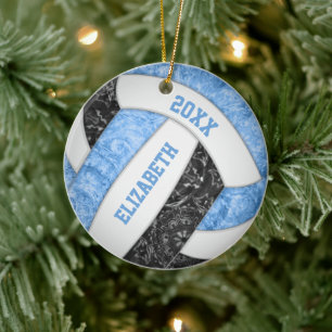 Hellblau schwarz weiß Mädchen sportlich Volleyball Keramik Ornament