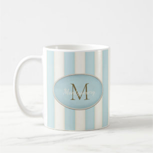Hellblau und antike weiße Streifen Bronze Monogram Kaffeetasse