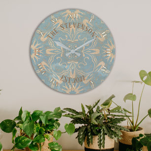 Hellblau und cremefarbene Mosaik-Optik, abgenutzt Große Wanduhr