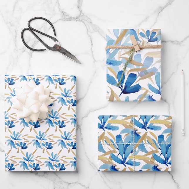 Hellblau und goldfarben handbemalt geschenkpapier set (Vorderseite)