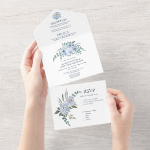 Hellblau und marineblaue Aquarellblumen All In One Einladung