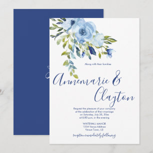 Hellblau und marineblaue florale Hochzeit Einladung