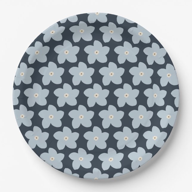 Hellblau und marineblaue Retro-Blume Pappteller (Vorderseite)