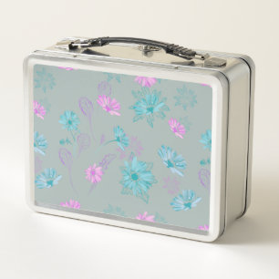 Hellblau und rosa florale Metall-Lunchbox Metall Brotdose