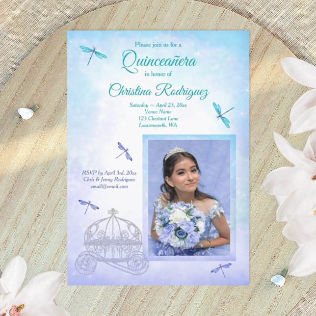 Hellblau und Türkis, Kutsche Quinceañera Einladung (dusty blue turquoise quinceanera invitations)