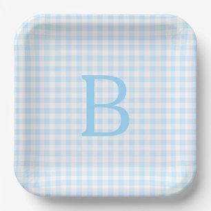 Hellblau-weiß kariertes Monogramm Pappteller