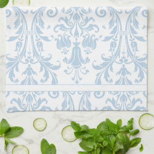 Hellblau Weiße Blumenranken Damast Monogramm Geschirrtuch