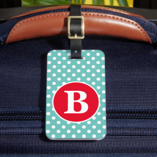 Hellblau-weiße Punkte mit rotem Monogramm Gepäckanhänger