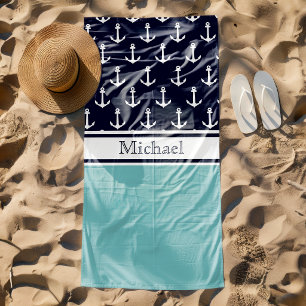 Hellblaue Anker Muster Name Nautical Strandtuch
