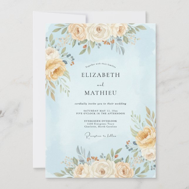 Hellblaue Ätherische Blumenhochzeit Einladung (Vorderseite)