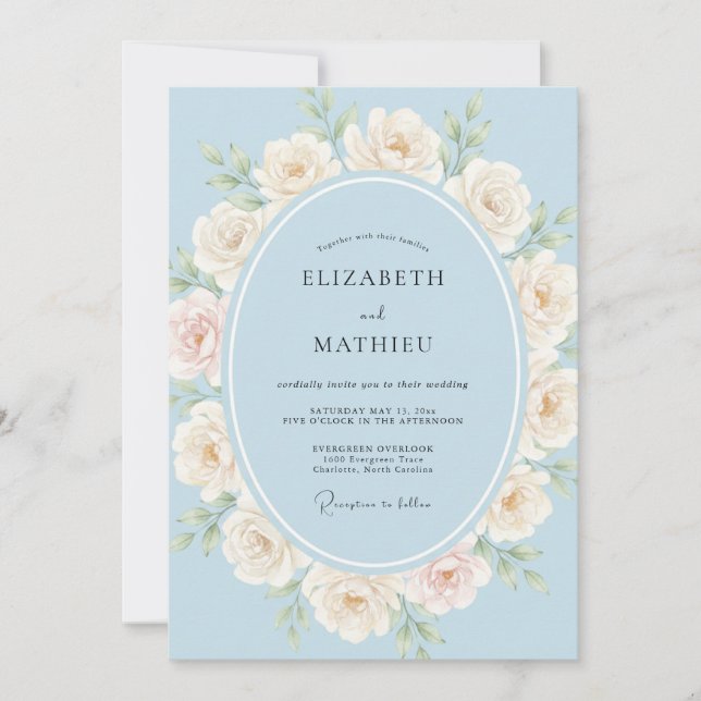 Hellblaue Ätherische Rosenhochzeit Einladung (Vorderseite)