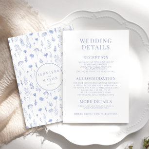Hellblaue Blume blüht Hochzeitsdetails Begleitkarte
