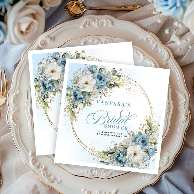 Hellblaue Blumen-Eukalyptus-Goldrahmen-Braut- Serviette (Light blue floral eucalyptus gold frame bridal napkins

)